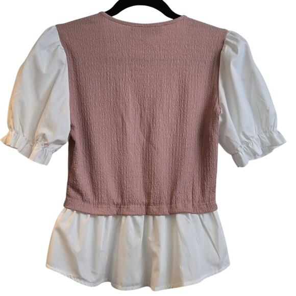 Ava Rose Women's Puff Sleeve Knit Blouse Small Pink White Contrast Peplum - Picture 6 of 8